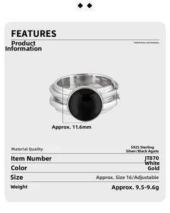 Detail view showing S925 sterling silver ring specifications with black agate stone