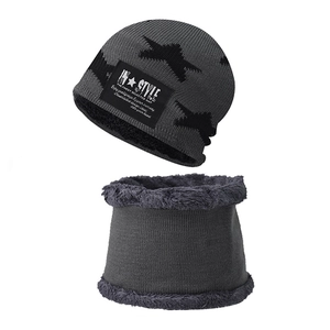 Winter knit hat and neck warmer set with star embroidery and warm fleece lining