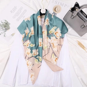 Elegant floral silk square scarf with magnolia print and dark green border 90x90cm
