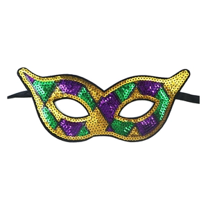 Mardi Gras masker met paarse, groene en gouden pailletten en harlekijn ruitpatroon