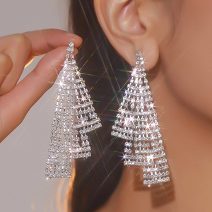 Long silver tassel drop earrings with tiered sparkling white rhinestones for women