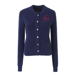 Classic navy blue ribbed knit cardigan with metal buttons and red embroidery logo