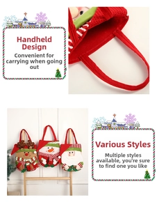 Detail of Christmas gift bags with 3D cartoon reindeer snowman and Santa designs