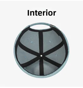Detailed interior of light blue denim docker hat showing reinforced stitching and metal rivet