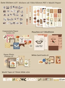 Detailed view of vintage scrapbook kit including stickers, cards and washi tapes