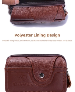 Detailed view of brown leather waist bag featuring scratch-resistant lychee texture and snap