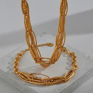 Irregular chunky link and fine bead chain layering necklace and bracelet jewelry set