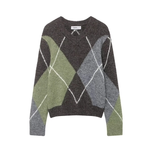 Women's V-neck knit sweater featuring olive and grey diamond argyle pattern on white backdrop