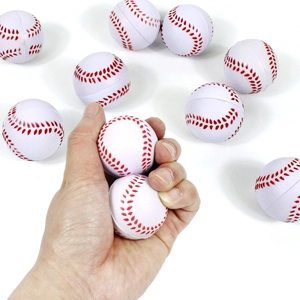 Detailed view of hand holding two mini white foam basebals with realistic red stitching