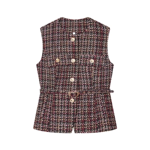 Damen Tweed Weste Kariert Rundhals Ärmellos Taille Elegant Vintage Einreihig Mit Gürtel Goldknöpfen