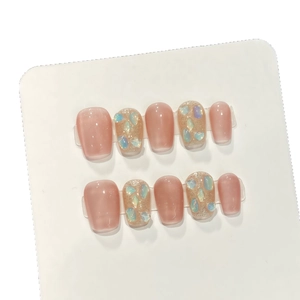 Funkelnde Jasmin Katzenauge Kunstnägel Set mit Kristallen in elegantem Rosa Finish