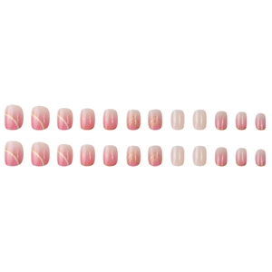 Pink ombre short press-on nails with delicate gold lines and 24-piece nail art set