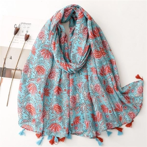 Floral Print Scarf Shawl Lightweight Polyester Voile With Tassels Bohemian Sun Protection Travel Wrap For Women