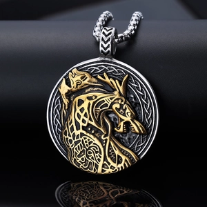 Viking wolf head totem pendant necklace with gold and silver dual-tone finish and chain