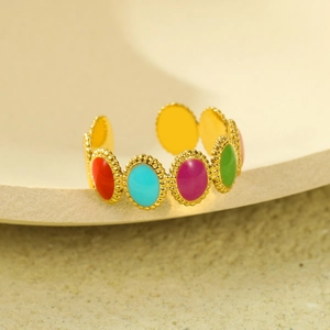 Minimalist 18K gold stainless steel adjustable ring with colorful enamel oval patterns