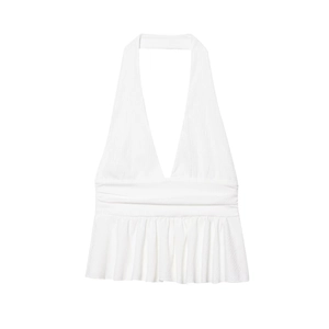 Top bianco sexy con allacciatura al collo, tessuto a pieghe e scollo a V profondo