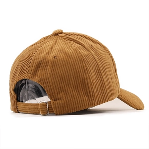 Detail of corduroy baseball cap back with adjustable metal buckle and strap