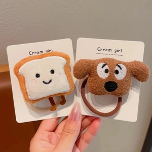 Cute plush cartoon toast bread and puppy hair scrunchies set for women hairstyles