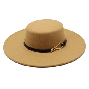 Detail of khaki wool flat top boater hat with black ribbon and gold metal buckle