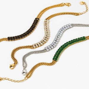 Double-layered stainless steel bracelets with colorful square zircons in gold and silver