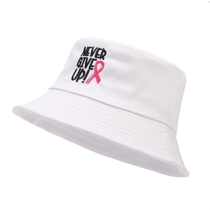 White cotton bucket hat with Never Give Up embroidery and pink ribbon icon on white background