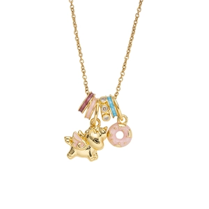 Enamel unicorn and donut pendant necklace in gold with colorful beads and zircon accents