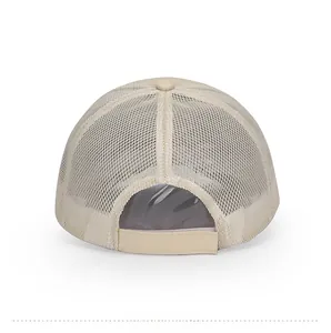 Rear view of beige mesh trucker hat featuring breathable net back and velcro strap