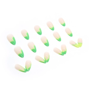Fluorescent green French tip press-on nails in almond shape with light pink base 24pcs
