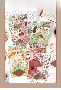 Detail of 2.5D isometric scenery stickers featuring cozy indoor room scenes for DIY journaling