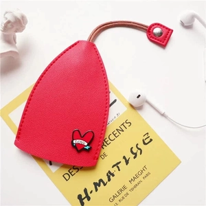 Red textured leather teardrop key case with LOVE heart charm and matching lanyard