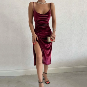 Elegant burgundy velvet slip maxi dress with cowl neck and high side slit detail