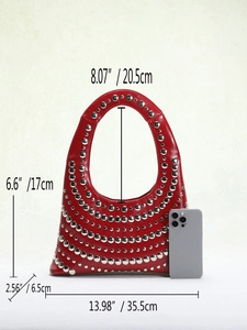 Detailed size specifications of a red punk studded U-shaped shoulder bag with measurements