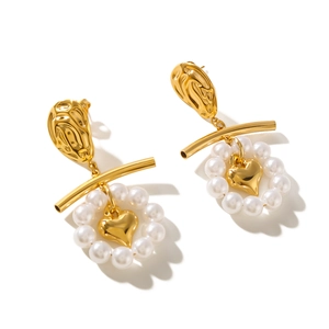 Elegant gold stainless steel stud earrings with white pearl circle and 3D heart pendant
