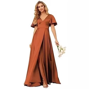 Elegant rust satin evening gown with deep V-neck, flutter sleeves and high side slit