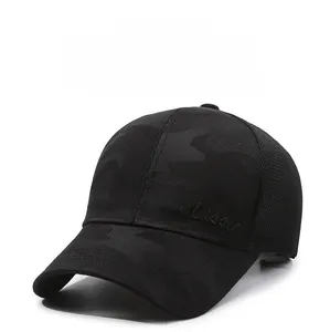 Detail of black camo baseball cap with mesh panels and Classic script embroidery
