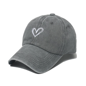 Casquette De Baseball En Coton Lavé Avec Broderie Coeur Chapeau De Soleil Rétro Bord Incurvé Réglable