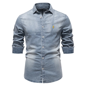 Men's light blue slim fit denim shirt with long sleeves and front chest pocket