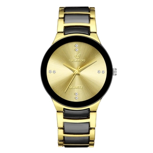 Elegant gold and black quartz watch with stainless steel strap and diamond markers