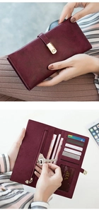 Internal layout of burgundy long wallet showing card slots, zipper pocket, and photo window