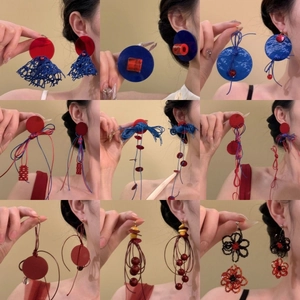 Vintage Geometric Red Blue Acrylic Earrings With Silver Earring Post Retro Bead Tassel Floral Jewelry For Women