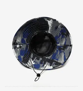 Detail of camouflage sun hat featuring breathable mesh lining and adjustable chin strap