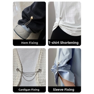 Detailed use of magnetic metal chain clips for T-shirt and trouser hem adjustments