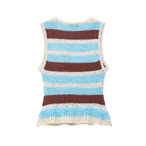 Blue and brown striped crochet knit tank top vest for women in a flat lay minimalist style