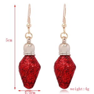 Detail of red glitter Christmas bulb earrings showing dimensions 5cm in height and 4g weight