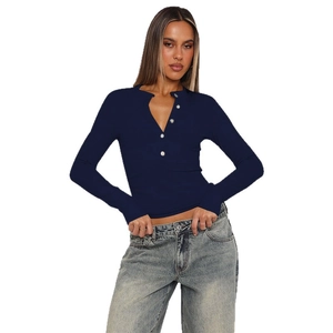Slim fit navy blue ribbed knit cardigan with button-down collar and long sleeves
