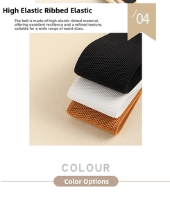 Detail view of high-elasticity ribbed belts in black, white, and khaki textured fabric