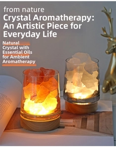 Detailed view of crystal aromatherapy lamp with natural stones and LED wooden base