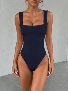 Women Y2K dark blue square neck sleeveless tight bodysuit professional fashion studio shot