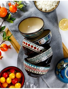 Detailed stack of Japanese ceramic bowls with geometric patterns on a rustic wooden tray