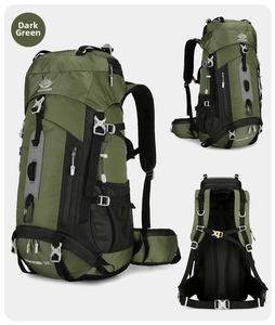 Close-up of 60L dark green hiking backpack featuring S-shaped straps and back support